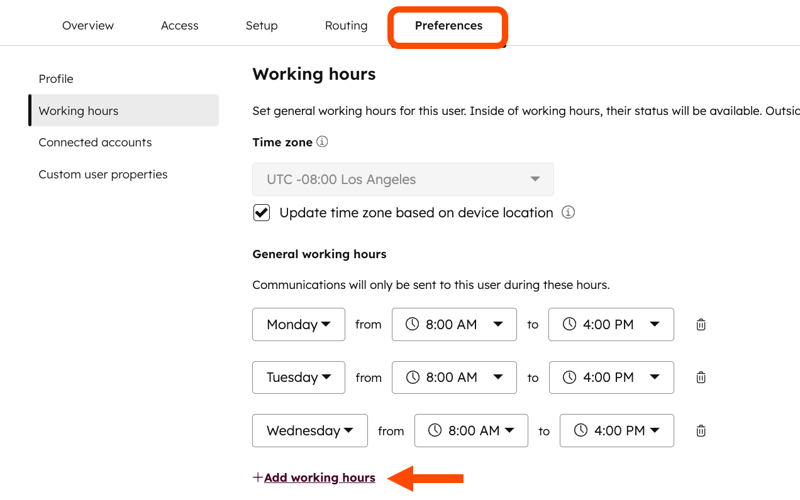 User preferences page showing the working hours tab.