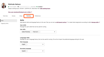 User routing tab showing User skills and languages.