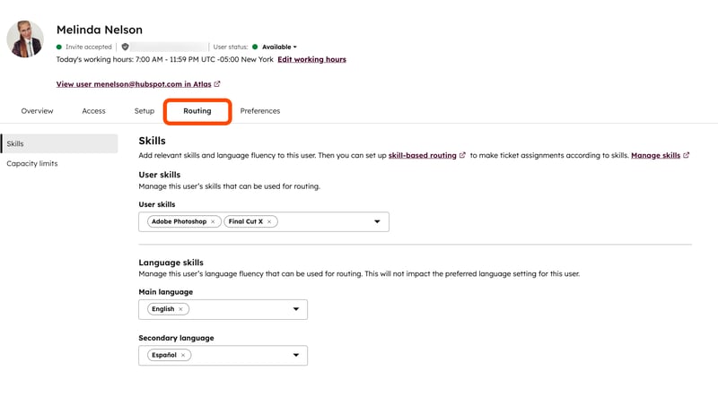 User routing tab showing User skills and languages.