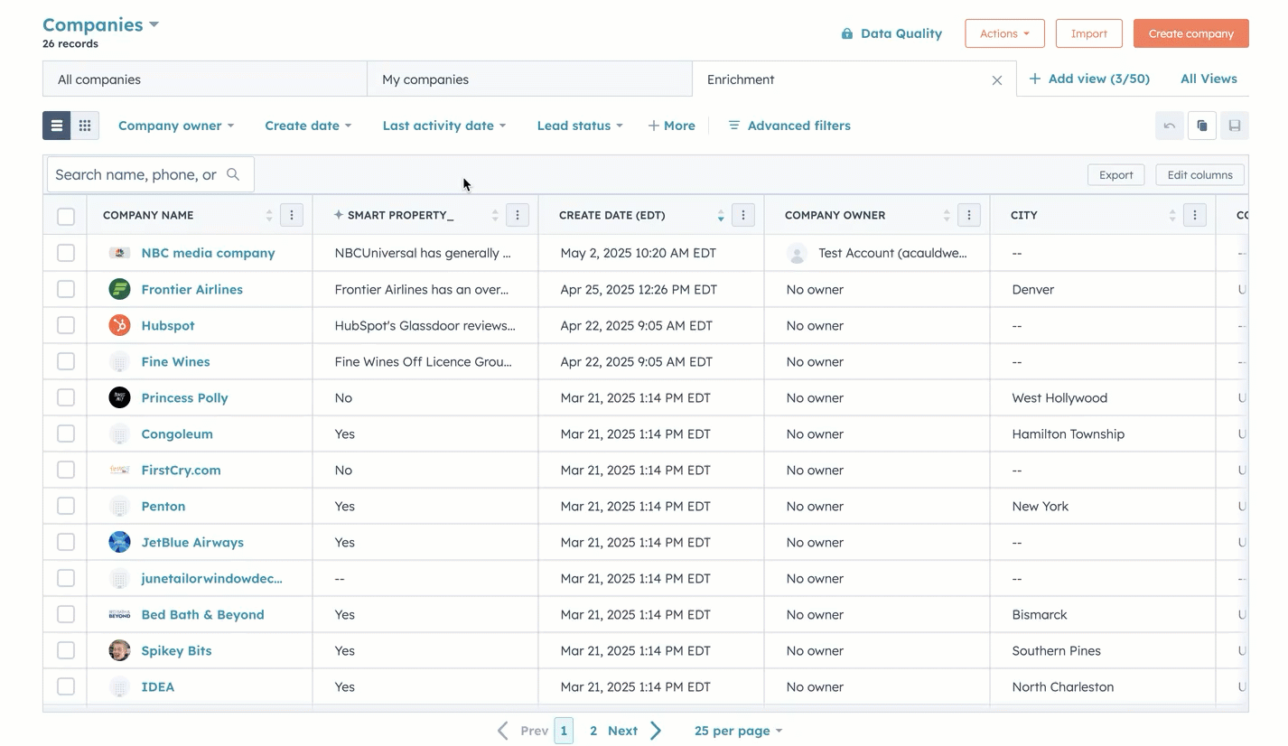 a GIF image of an index view of company records. the user selects the contextual menu of a column. They select "smart fill" to enrich a custom property. The user hovers on the value for the company "frontier airlines"
