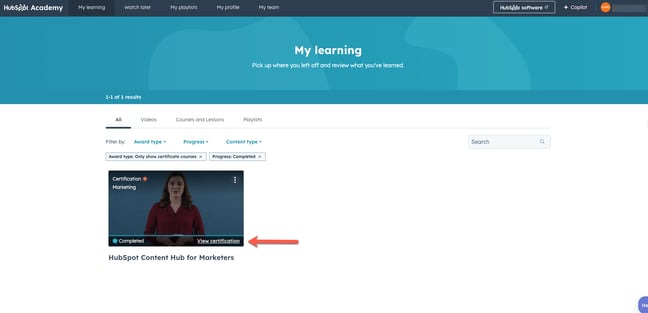 screenshot showing how to view the certificate for a HubSpot Academy certification
