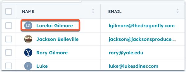 A table view showing a list of contacts with 'Name' and 'Email' columns. The contact 'Lorelai Gilmore' with email 'lgilmore@thedragonfly.com' is highlighted, among other contacts like Jackson Belleville and Rory Gilmore