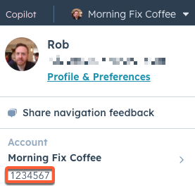 Dropdown menu with Account and Hub ID highlighted