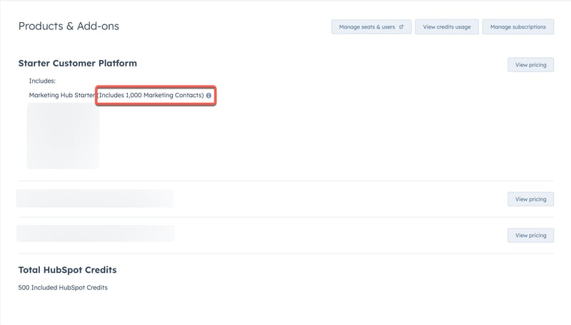 A HubSpot 'Products &amp; Add-ons' billing page section showing 'Starter Customer Platform'. The text 'Includes 1,000 Marketing Contacts' for Marketing Hub Starter is highlighted with an orange box.