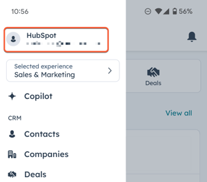 Menu options to switch accounts in the Android HubSpot mobile app