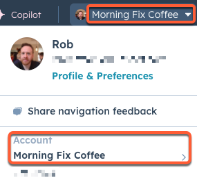 HubSpot account name displayed in the top right corner of the navigation.