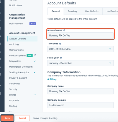 Account name field in HubSpot account defaults settings.