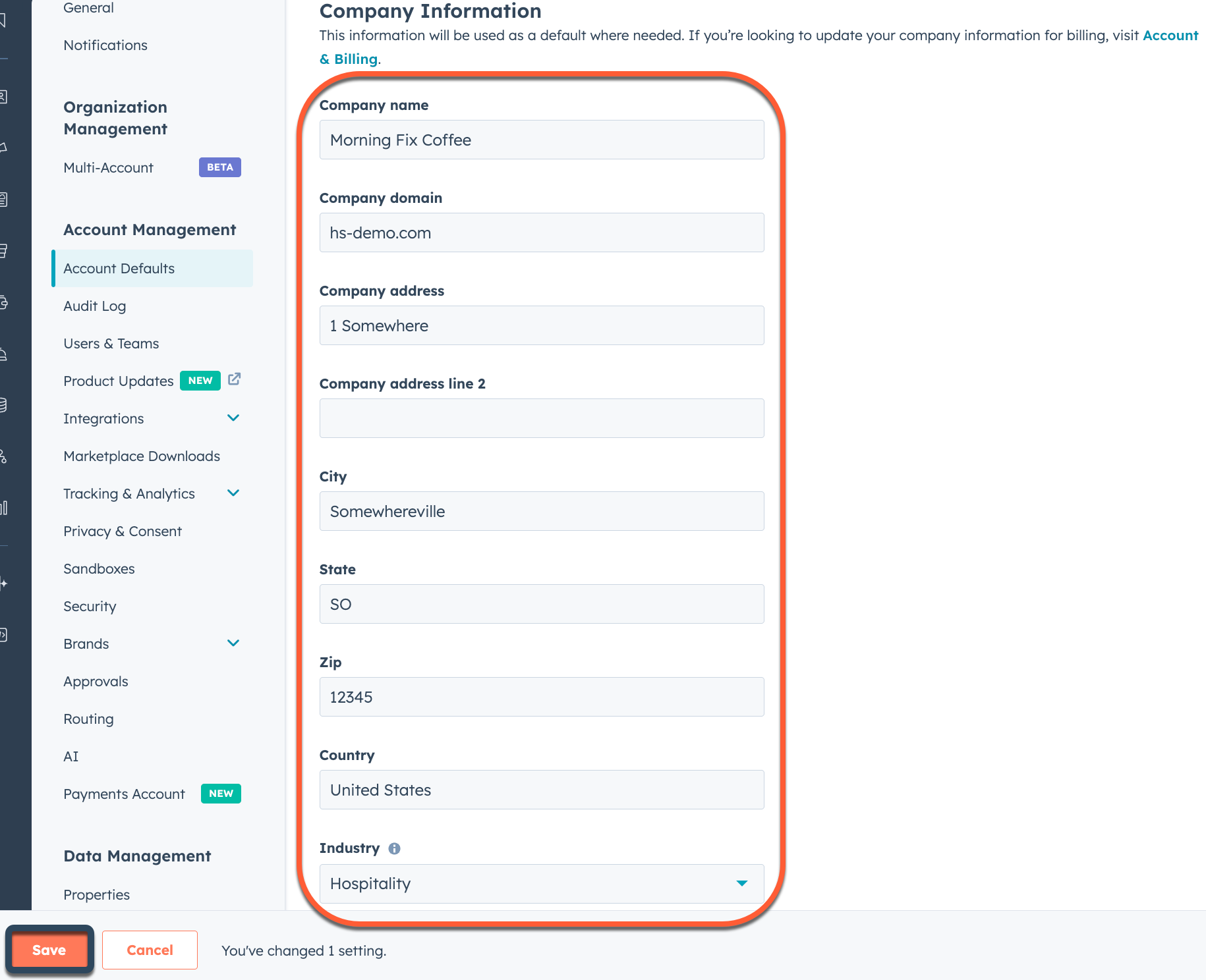 Company information section in HubSpot account defaults settings.