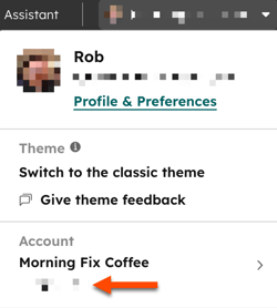 HubSpot account ID displayed in account settings interface for identifying the user's account