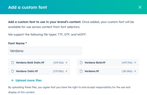 Add custom font interface in HubSpot settings showing font name field and choose font files button.