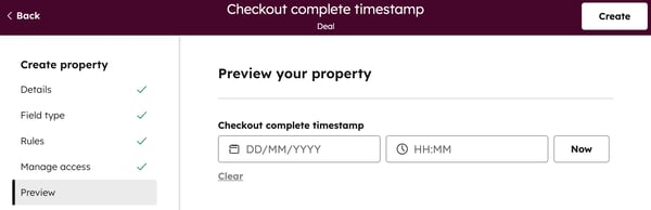 Custom deal property creation screen showing the configuration for 'Checkout complete timestamp' as a Date and time picker.