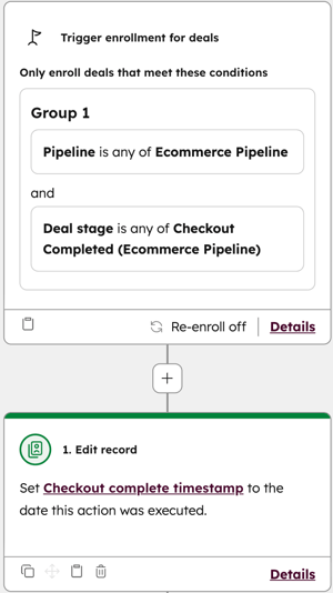 Workflow showing the trigger 'Deal is at the Checkout completed stage' and the action 'Set property value' for the timestamp.