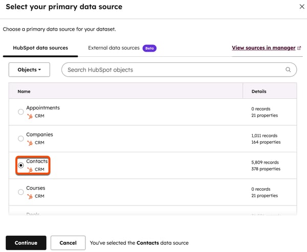 Screenshot of creating a new dataset, selecting 'Contacts' as the primary object from the data source menu.