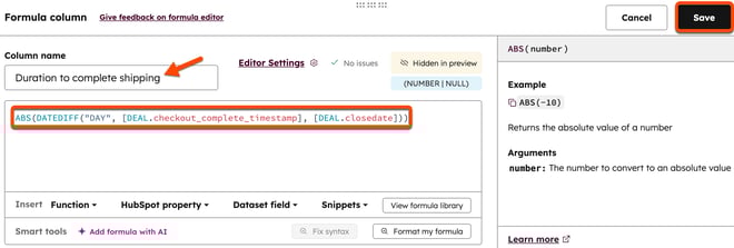 Formula editor showing the ABS(DATEDIFF) calculation used to determine the 'Duration to complete shipping' for a deal.