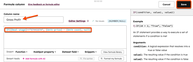 Formula editor showing the IF logic used to calculate 'Gross profit' based on the 'Shipped' deal stage ID number.