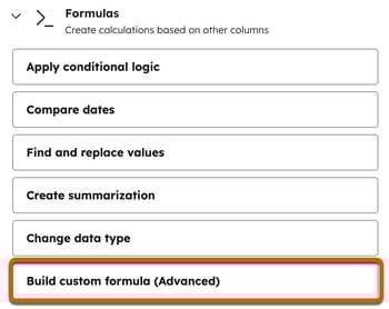 Screenshot highlighting the 'Build custom formula (Advanced)' option under the Formulas menu for creating a custom metric.