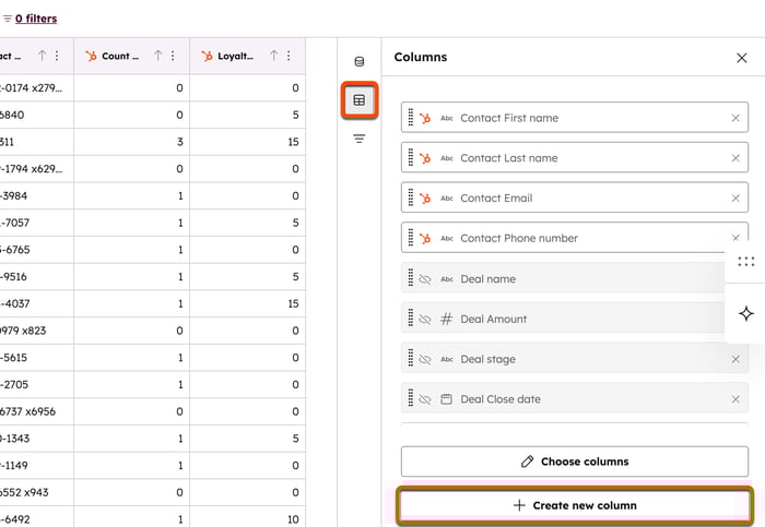 Screenshot showing the 'Columns' tab open and the '+ Create new column' button highlighted for dataset customization.