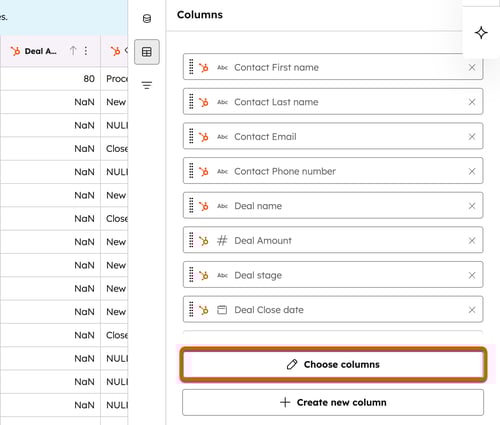 Screenshot of the dataset columns tab, highlighting the button to choose which columns or properties to include.