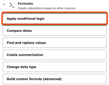 Screenshot highlighting the 'Apply conditional logic' option under the Formulas menu for creating a custom property.