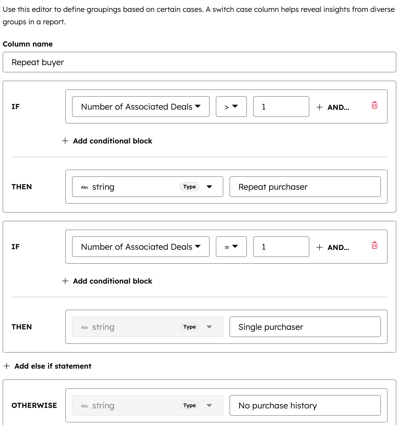 The conditional logic interface showing the IF/THEN/OTHERWISE statements used to determine if a contact is a repeat or single purchaser.