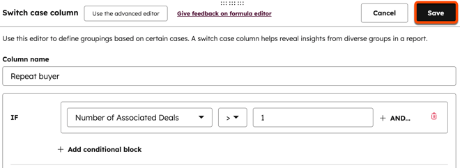 Screenshot of the conditional logic formula in the editor, with the Save button highlighted in the upper right corner.