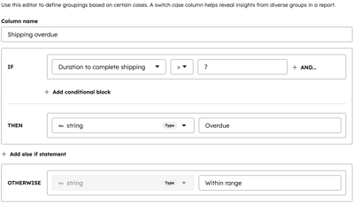 The conditional logic interface showing the IF/THEN/OTHERWISE statements used to determine if a deal's shipping status is 'Overdue' or 'Within range'.