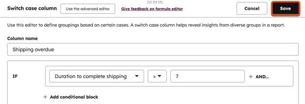 Screenshot of the completed conditional logic formula, with the Save button highlighted in the upper right corner of the formula editor.