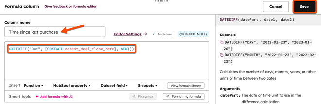 The formula editor showing the DATEDIFF formula used to calculate the 'Time since last purchase' in a HubSpot dataset.