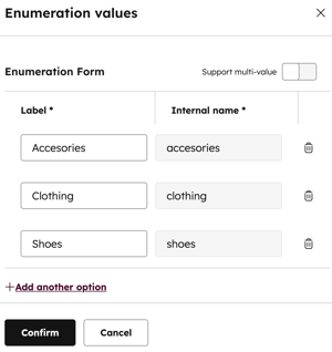 Screenshot of the custom enumeration property configuration screen for creating the 'Product type' property for custom events.
