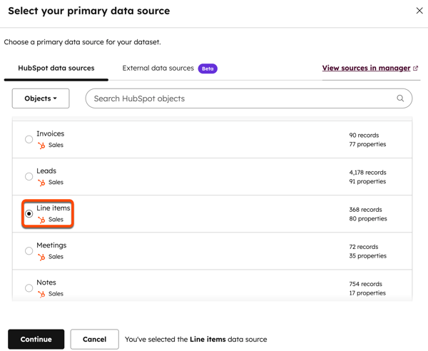 Screenshot of creating a new dataset, selecting 'Line items' as the primary object from the data source menu.
