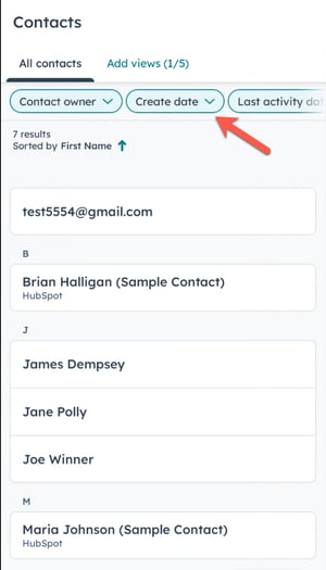 A screenshot of an Android contacts list showing filter options for "Contact owner," "Create date," and "Last activity" highlighted by an orange arrow. The list includes contacts like "Brian Halligan (Sample Contact)" and "James Dempsey".