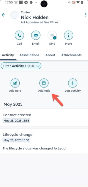 A screenshot on Android showing a contact named "Nick Halden". It displays activity options like "Add note," "Add task," and "Log activity." An orange arrow points to "Add task." Below, an activity timeline is displayed.