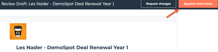 HubSpot quote approval page with the 'Approve and publish' button highlighted in the top right corner.