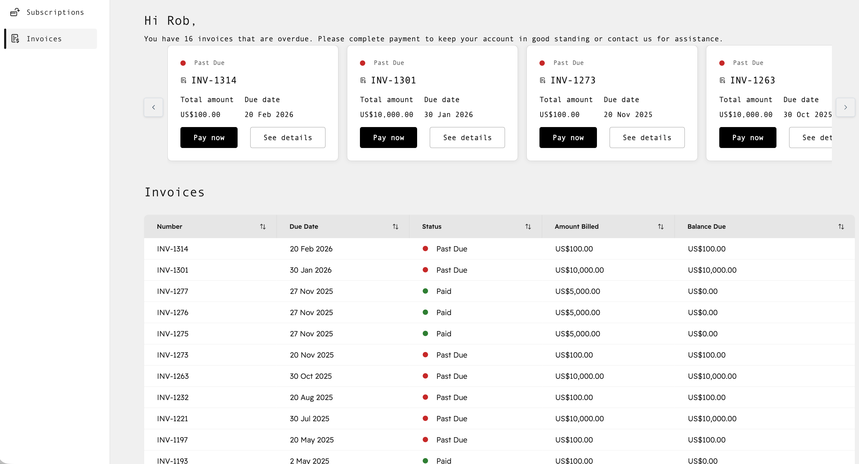Billing portal invoices page displaying invoice history, payment status, and invoice details