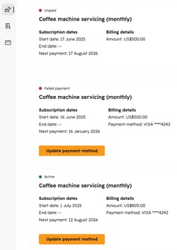 Subscriptions section in the billing portal showing available subscription management options