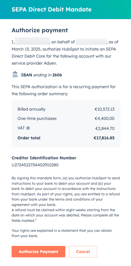 Screenshot showing the Authorize payment page for SEPA payments