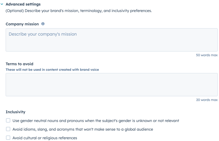 The 'Advanced settings' for brand voice in HubSpot, with fields for company mission, terms to avoid, and inclusivity options.