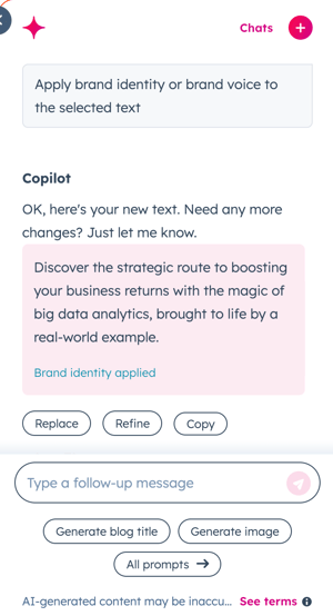 The Copilot side panel in HubSpot showing AI-rewritten content with options to Replace, Refine, or Copy the text.