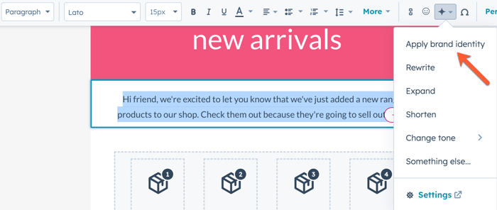 Applying the brand voice to a marketing email by selecting 'Apply brand identity' from the AI assistant menu in the editor.