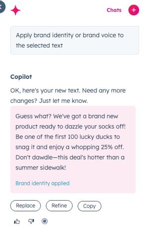 The Copilot side panel displaying a rewritten SMS message with buttons to Replace, Refine, or Copy the new content.