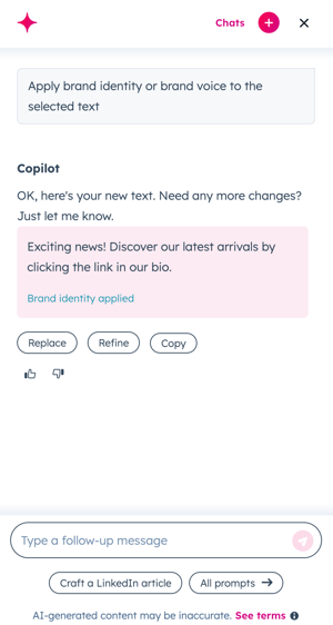 The Copilot side panel showing a rewritten social post with options to Replace the original text, Refine, or Copy.