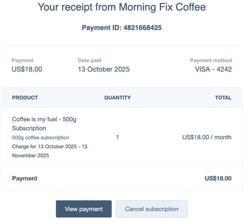 An email receipt for a subscription purchase, with the 'Cancel subscription' button highlighted.
