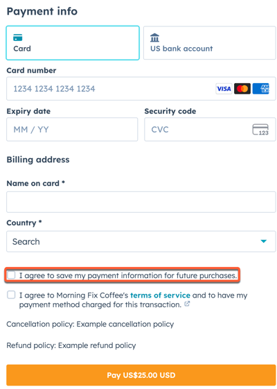 Example of a checkbox on the checkout page for a buyer to agree to save their payment method for future purchases.