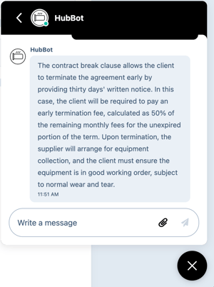 Closing agent chat window showing a sample question from a user and the AI-generated answer.
