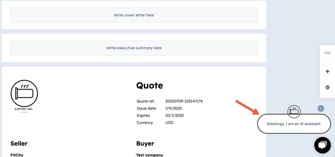 HubSpot quote editor with the closing agent chat icon highlighted in the bottom right corner.
