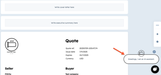 The HubSpot quote editor with the Breeze closing agent chat icon highlighted in the bottom right corner.