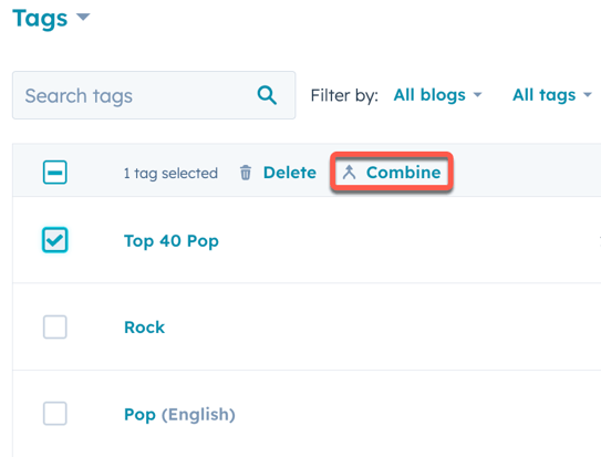 The blog "Tags" dashboard is displayed. A search bar labeled "Search tags" is in the upper left. Below, a table lists blog tags. The tag "Top 40 Pop" is selected with a blue checkbox. Above the list, it indicates "1 tag selected," and buttons for "Delete" (grayed out) and "Combine" (highlighted with an outline) are visible.