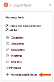 A screenshot of the HubSpot Sales Office 365 add-in, showing the Message tools and highlighting the option to “Write an email for me”.