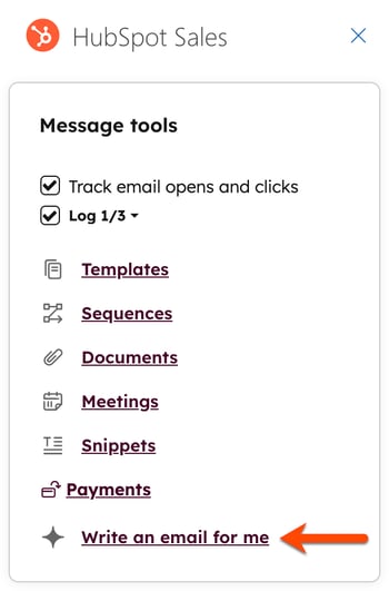 A screenshot of the HubSpot Sales Office 365 add-in, showing the Message tools and highlighting the option to “Write an email for me”.