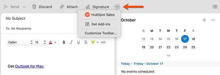 Outlook for Mac, highlighting how to access the HubSpot Sales Office 365 add-in from Outlook.